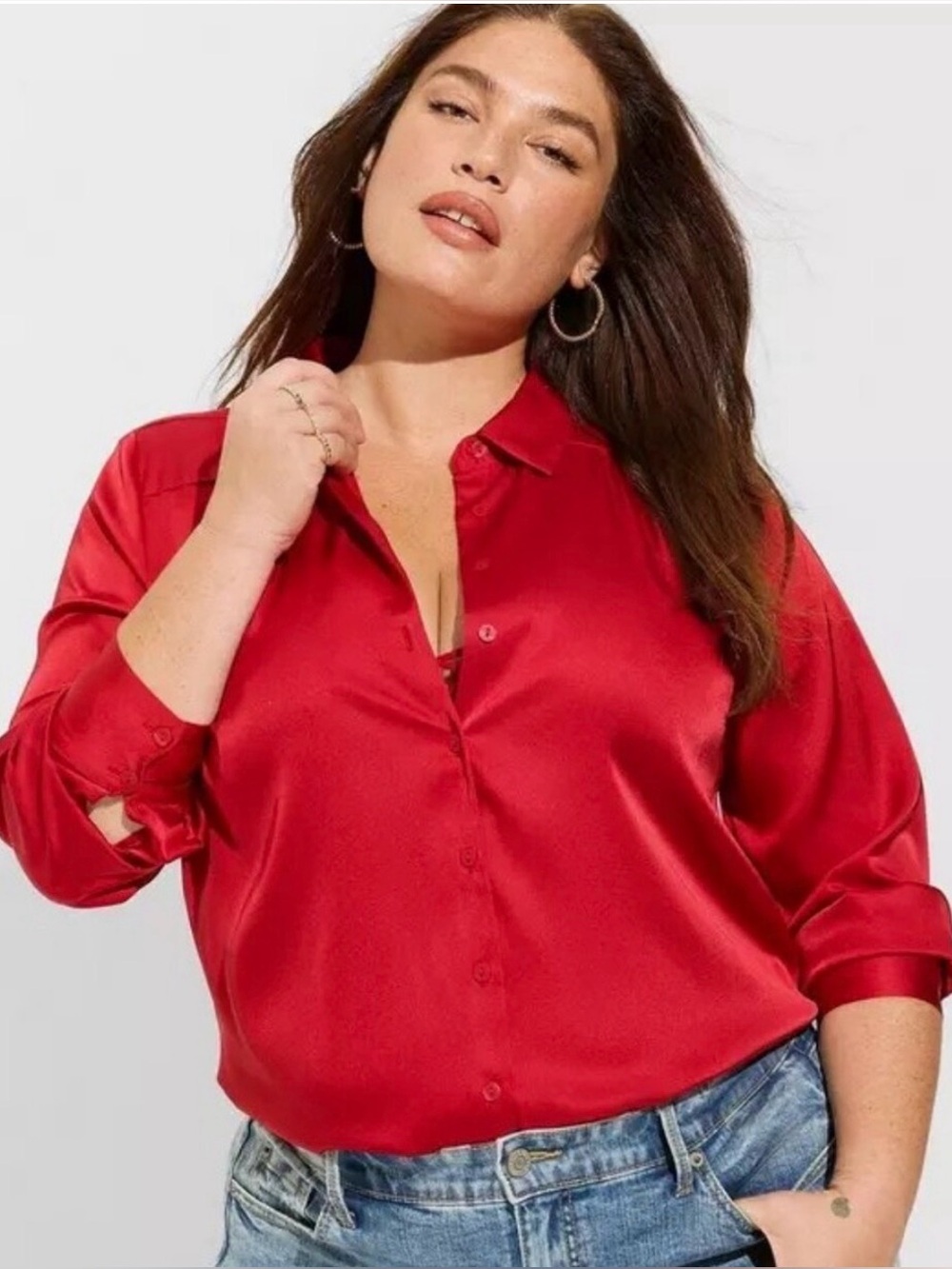 Torrid Red Madison Satin Button-up Long Sleeve Shirt